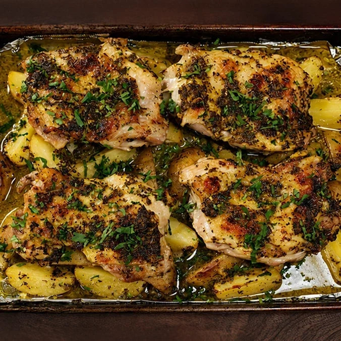 Roasted Chicken Thighs and Potatoes with Lemon Herb