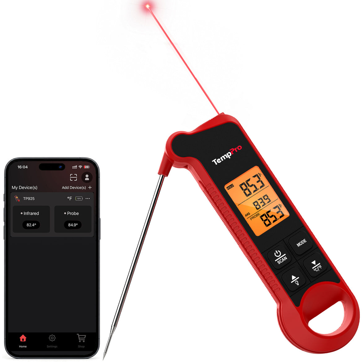 TempPro TP925 Infrared Thermometer Gun with Probe, HACCP Alert with App