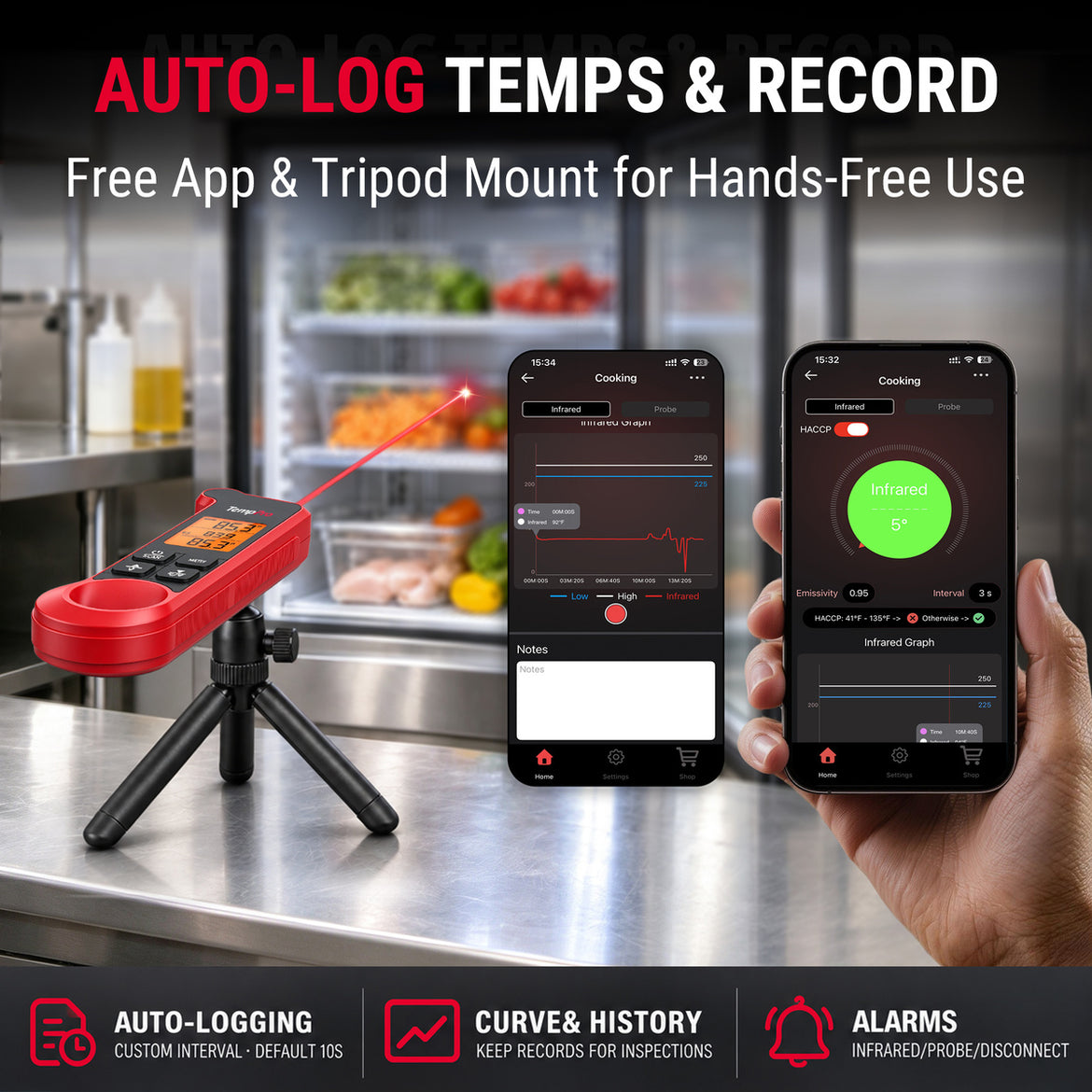 TempPro TP925 Infrared Thermometer Gun with Probe, HACCP Alert with App