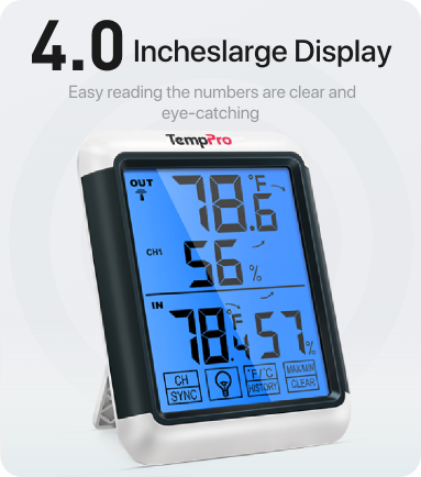 Thermomètre et hygromètre sans fil d'intérieur et d'extérieur TempPro TempAir PLUS TP65B — Écran tactile 4", 150 m
