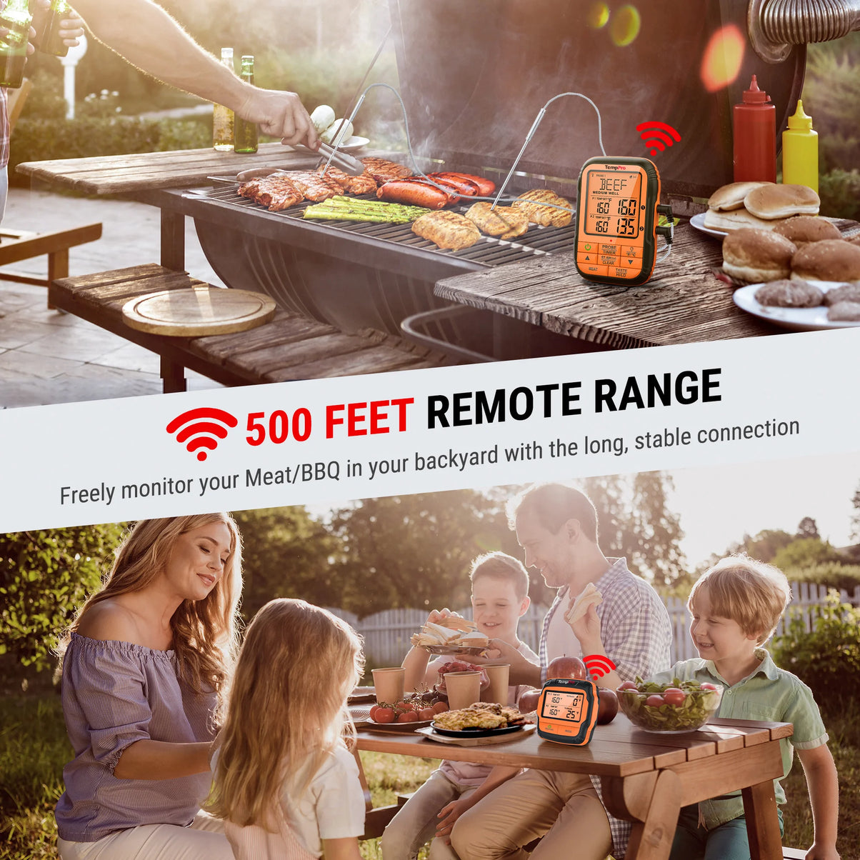 TempPro TempSync PLUS TP828B Wireless Meat Thermometer — 500FT RF Range, Dual Probes with Receiver & 4 Alarm Modes