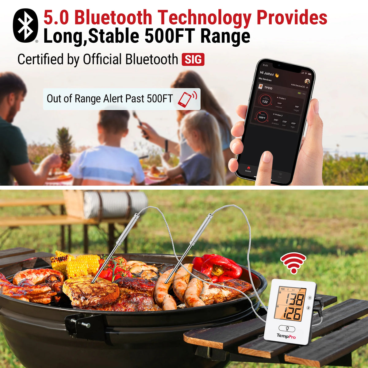 TempPro TempSync ELITE TP910 Wireless Meat Thermometer — Smart Bluetooth, App Alerts