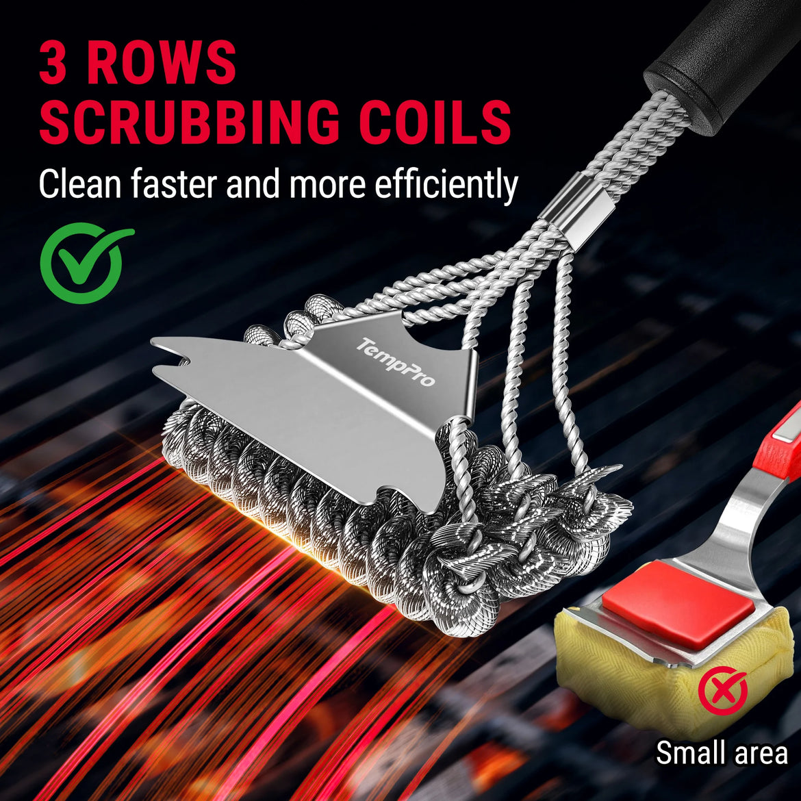 TempPro AGT300 Bristle-Free Grill Brush — 3D Triple-Helix, Built-In Scraper