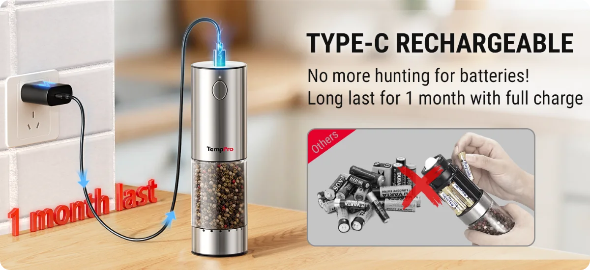 TempPro APG710 Electric Salt & Pepper Grinder Set — One-Handed, USB-C Rechargeable