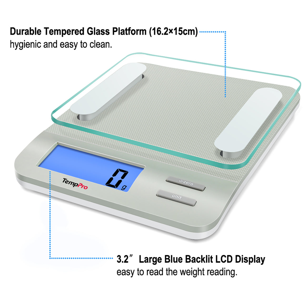 TempPro IC207  Báscula de alimentos digital multifunción para cocina, con gran pantalla LCD retroiluminada, fácil de limpiar y medición de precisión, vidrio templado (plata)