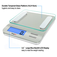TempPro IC207  Báscula de alimentos digital multifunción para cocina, con gran pantalla LCD retroiluminada, fácil de limpiar y medición de precisión, vidrio templado (plata)