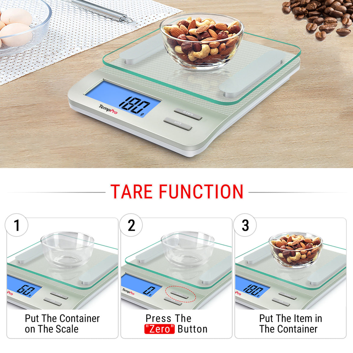 TempPro IC207  Báscula de alimentos digital multifunción para cocina, con gran pantalla LCD retroiluminada, fácil de limpiar y medición de precisión, vidrio templado (plata)