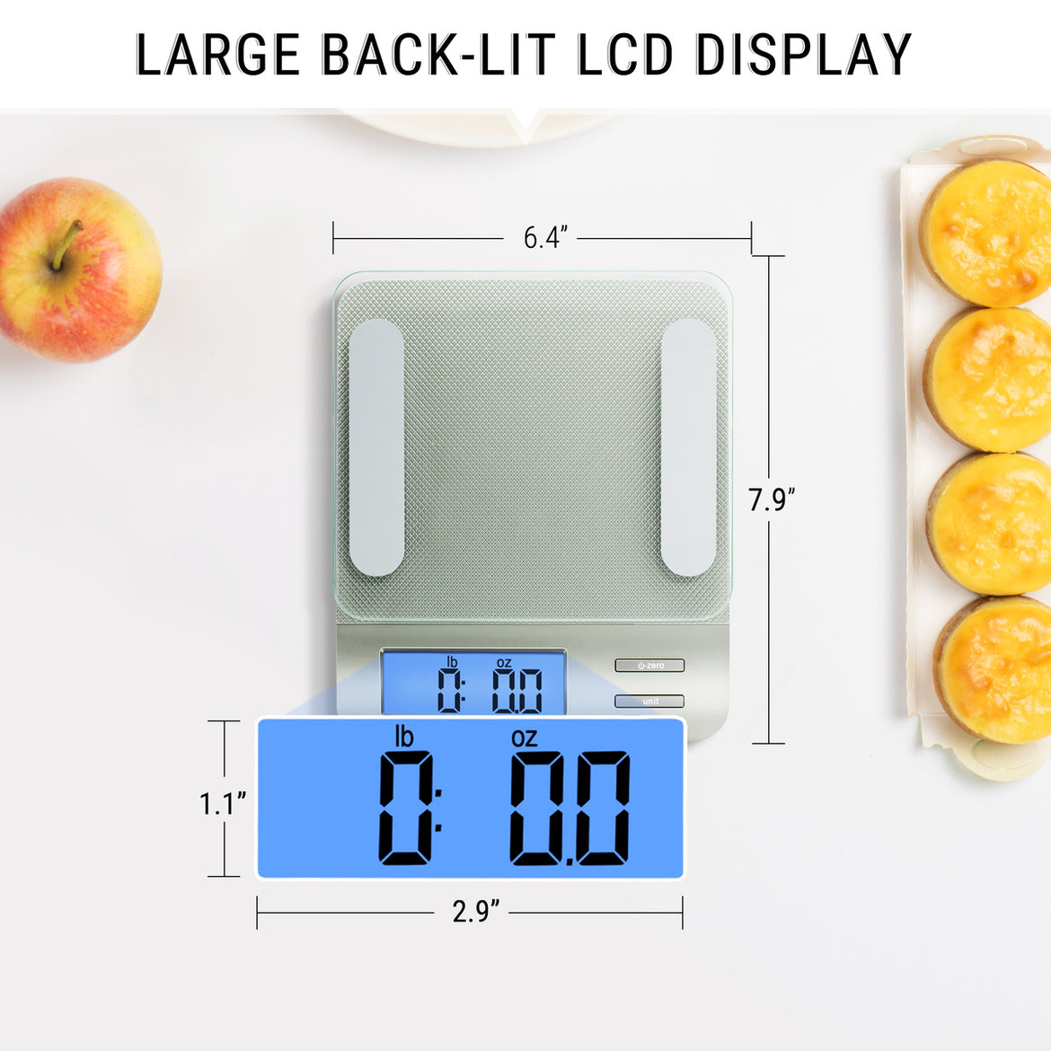 TempPro IC207  Báscula de alimentos digital multifunción para cocina, con gran pantalla LCD retroiluminada, fácil de limpiar y medición de precisión, vidrio templado (plata)