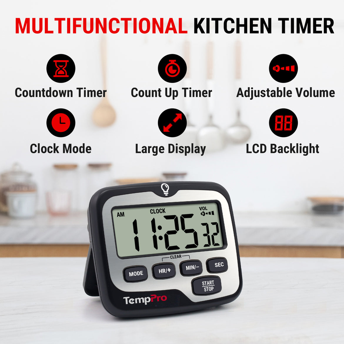 TempPro TM01 Digital Kitchen Timer — Long 99h Countdown, Clear LCD
