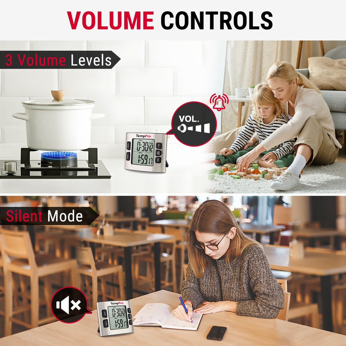 TempPro TM02 Digital Kitchen Timer — Dual Countdown, 2.6" LCD