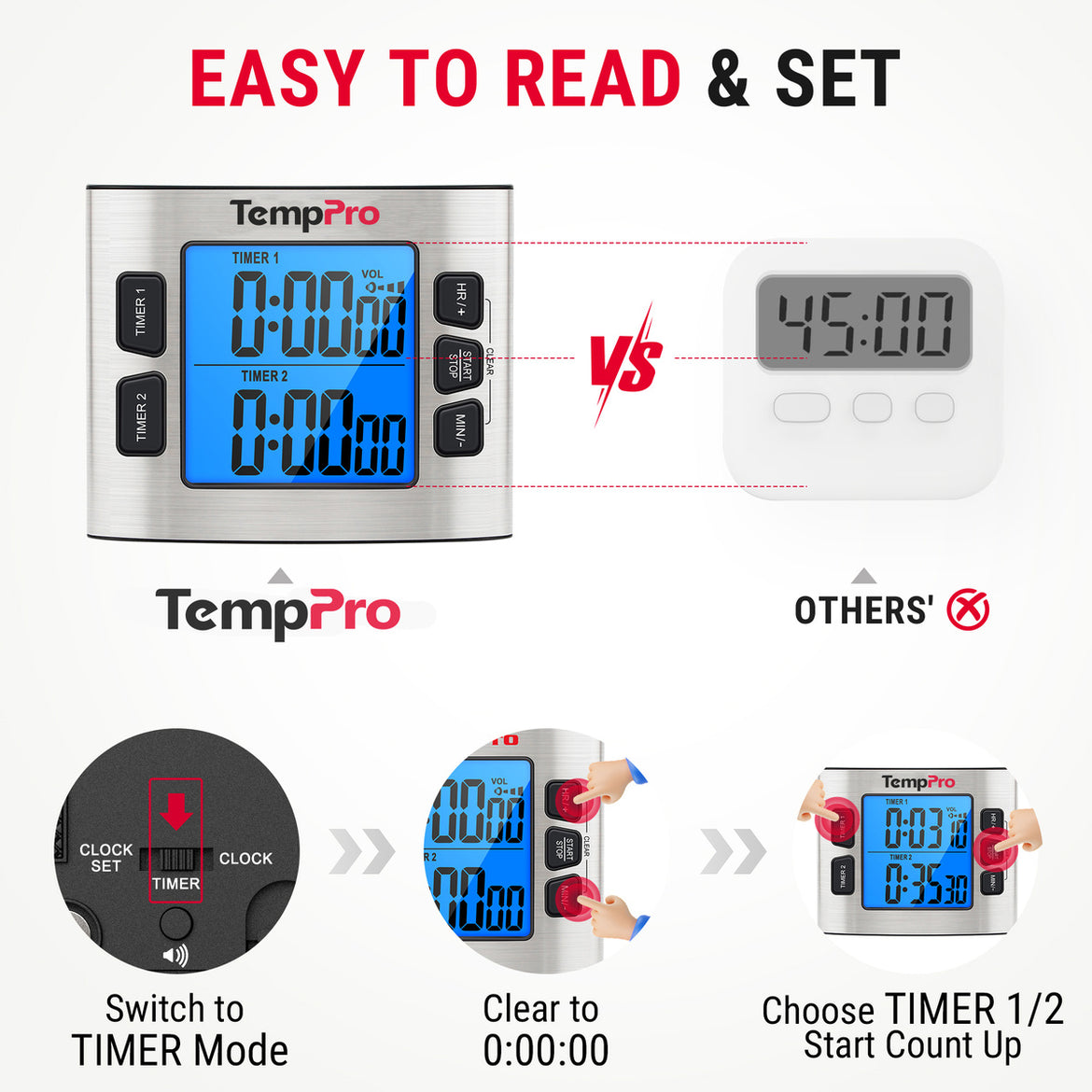 TempPro TM02 Digital Kitchen Timer — Dual Countdown, 2.6" LCD