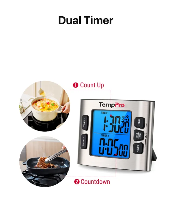 TempPro TM02 Digital Kitchen Timer — Dual Countdown, 2.6