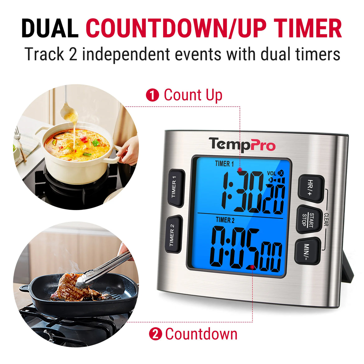 Temporizador digital de cocina TempPro TM02 — Doble cuenta regresiva, LCD de 2.6"