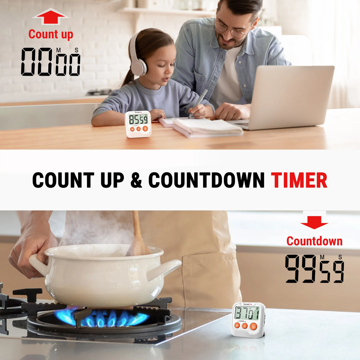 TempPro TM03 Digital Kitchen Timer — Memory Recall, 2-Level Alarm