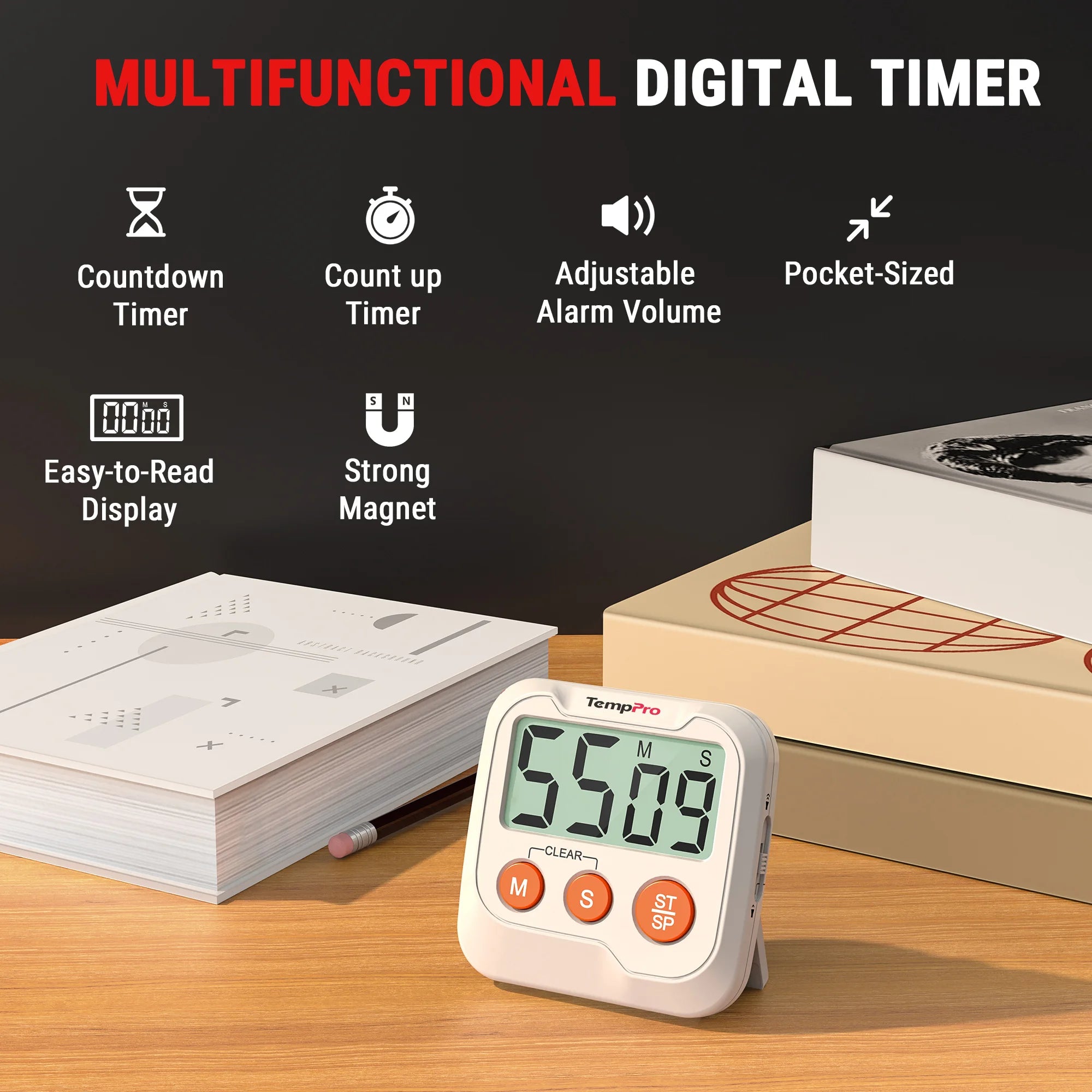 TempPro TM03 Digital Kitchen Timer — Memory Recall, 2-Level Alarm