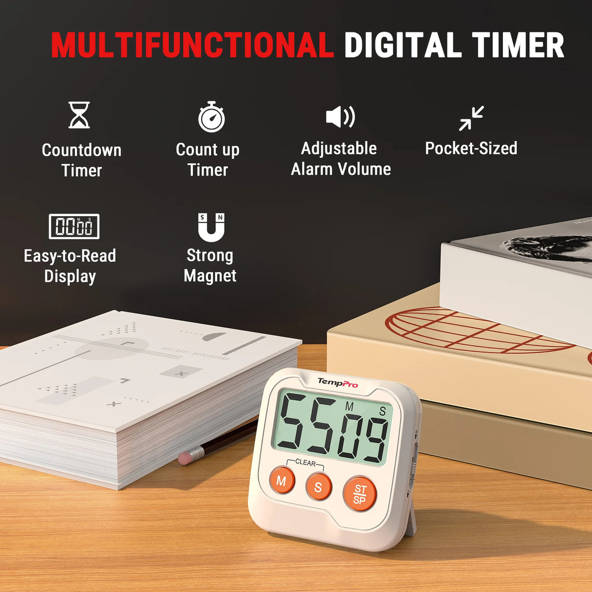 TempPro TM03 Digital Kitchen Timer — Memory Recall, 2-Level Alarm