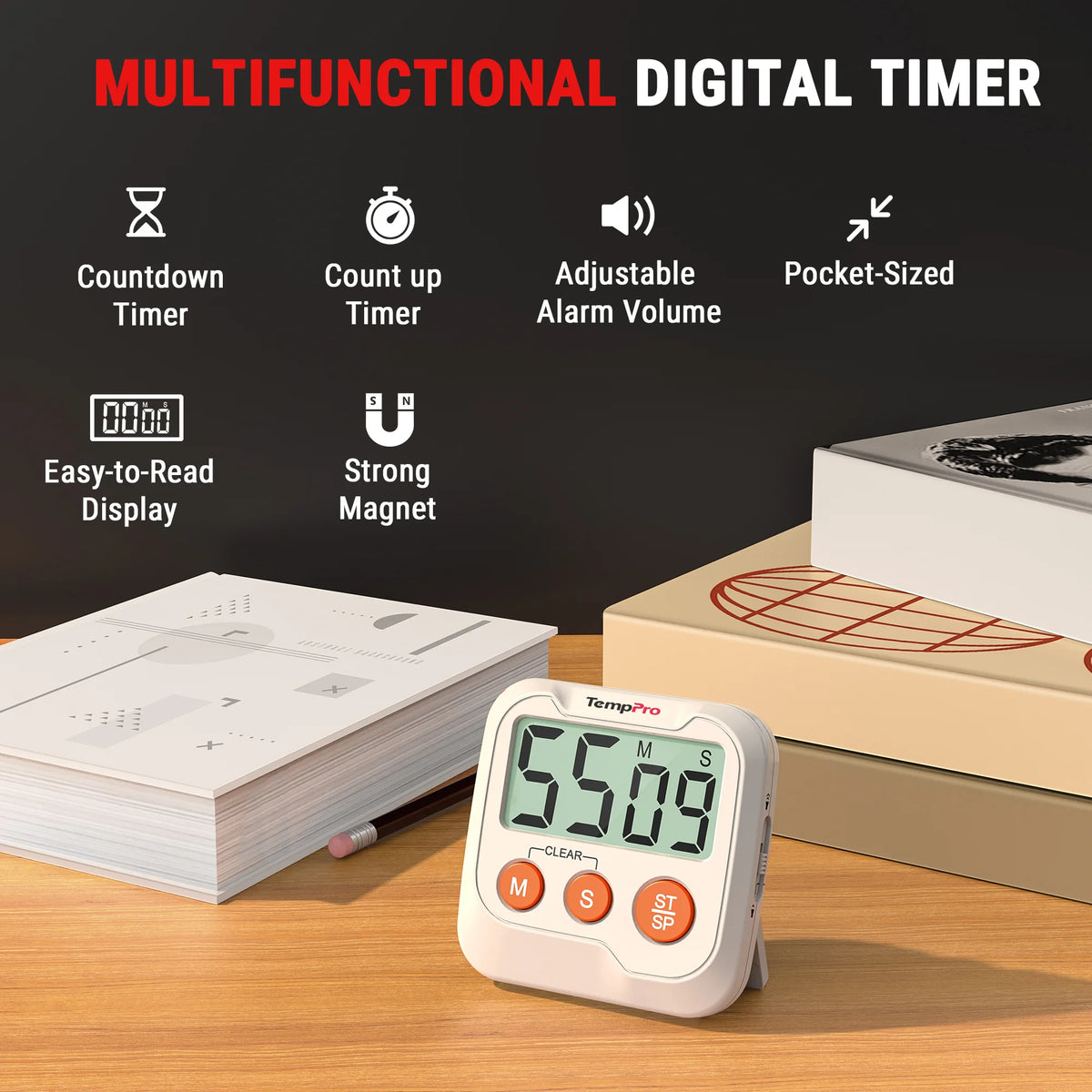 TempPro TM03 Digital Kitchen Timer — Memory Recall, 2-Level Alarm