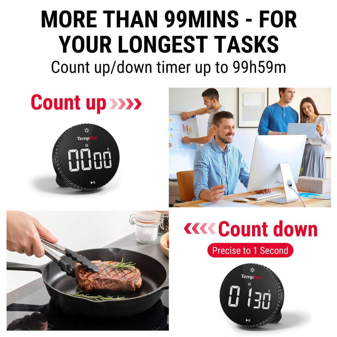Minuteur de cuisine numérique TempPro TM04B - Commande à une touche, écran LED de 3,1 po