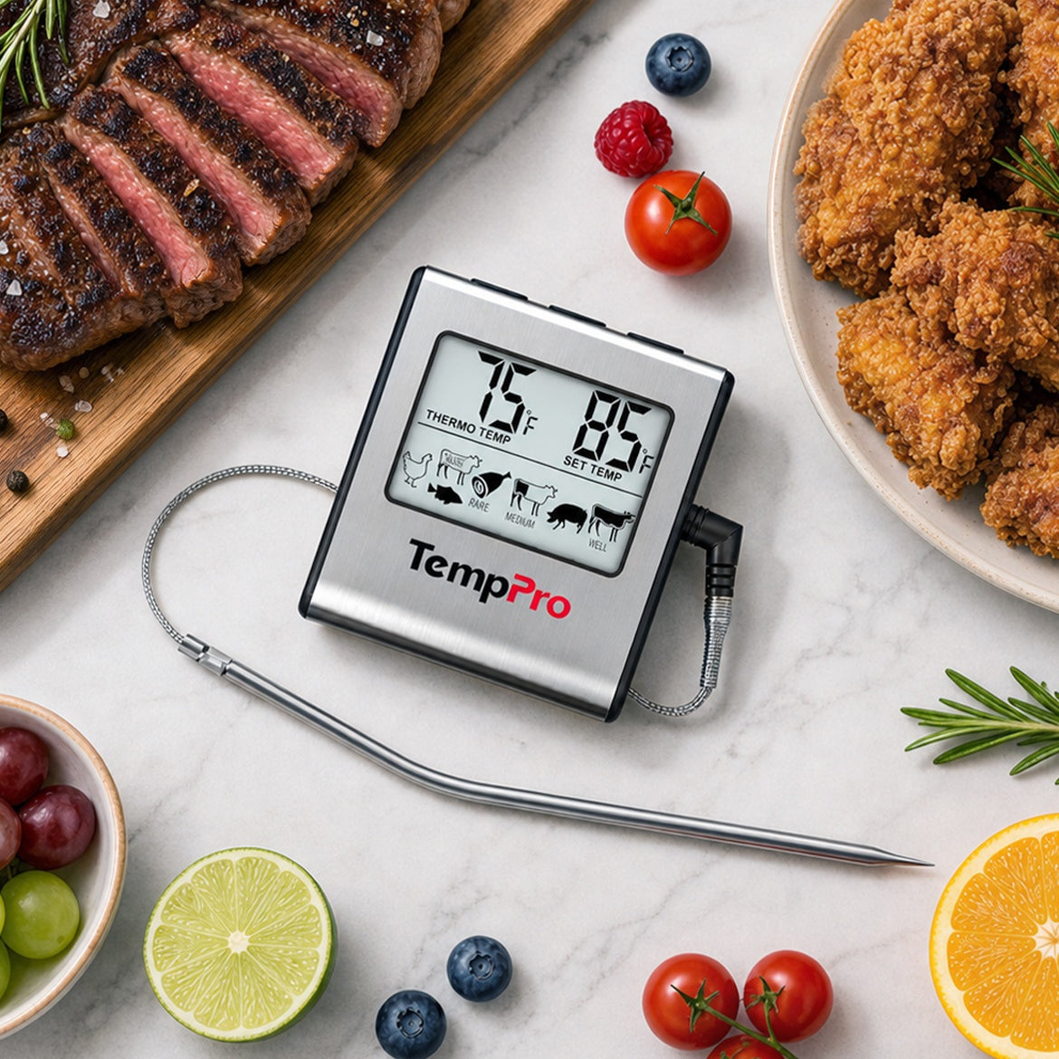 Termómetro para carne TempPro TempTrack CORE TP16 (deja insertado) — Apto para horno y parrilla, alarma programable