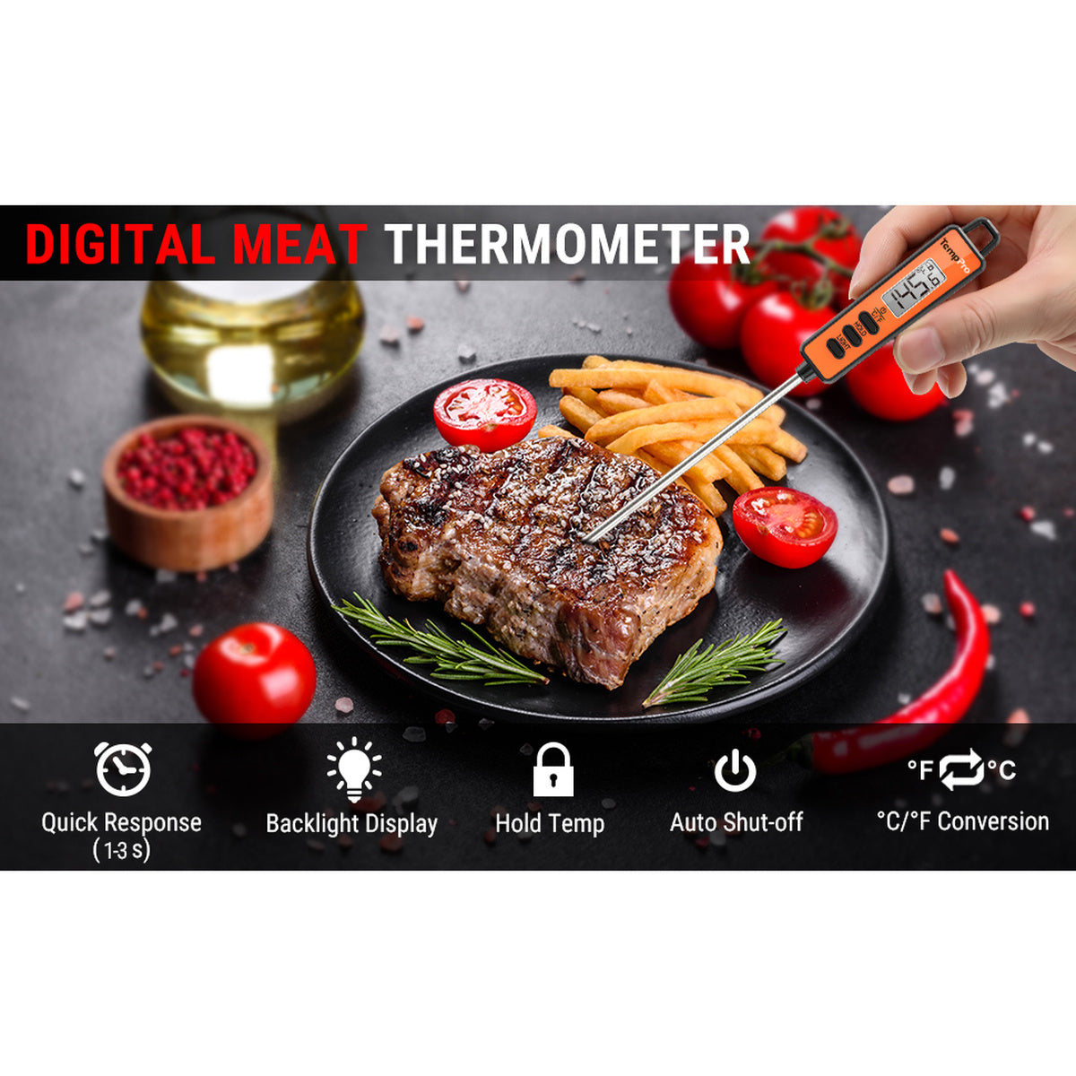 Thermomètre à viande à lecture instantanée TempPro TempSwift CORE TP01A — Lecture en 1 seconde, Sonde de 5,3 pouces