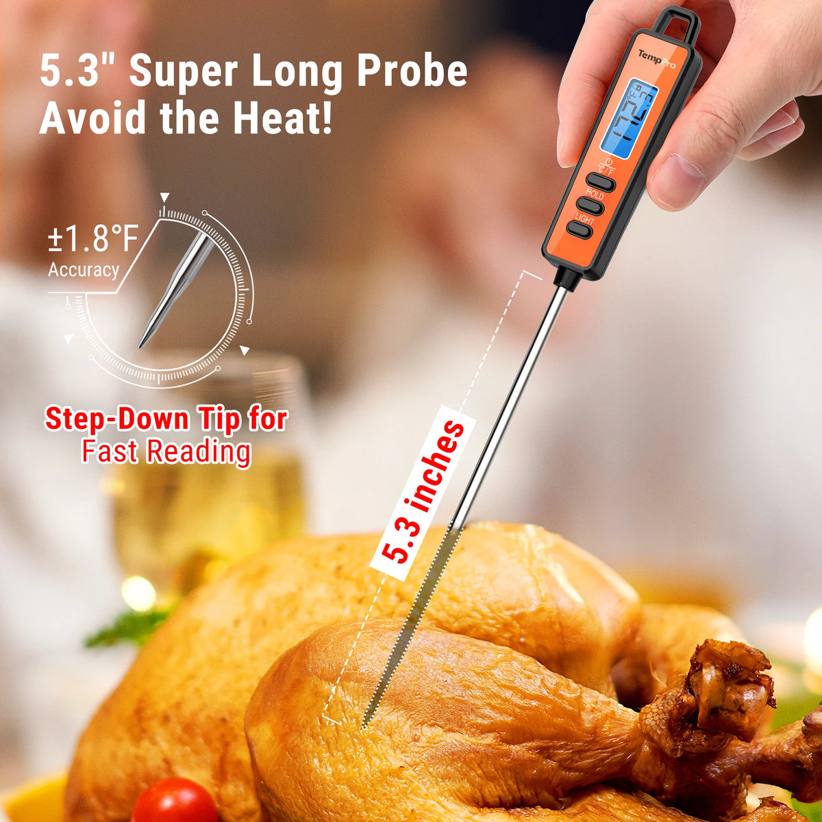 Thermomètre à viande à lecture instantanée TempPro TempSwift CORE TP01A — Lecture en 1 seconde, Sonde de 5,3 pouces