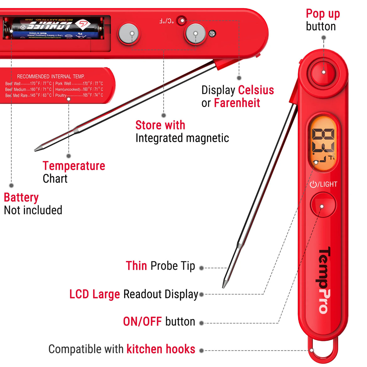 Termómetro de carne de lectura instantánea TempPro TempSwift PLUS TP03B — Digital, retroiluminado, 1 segundo