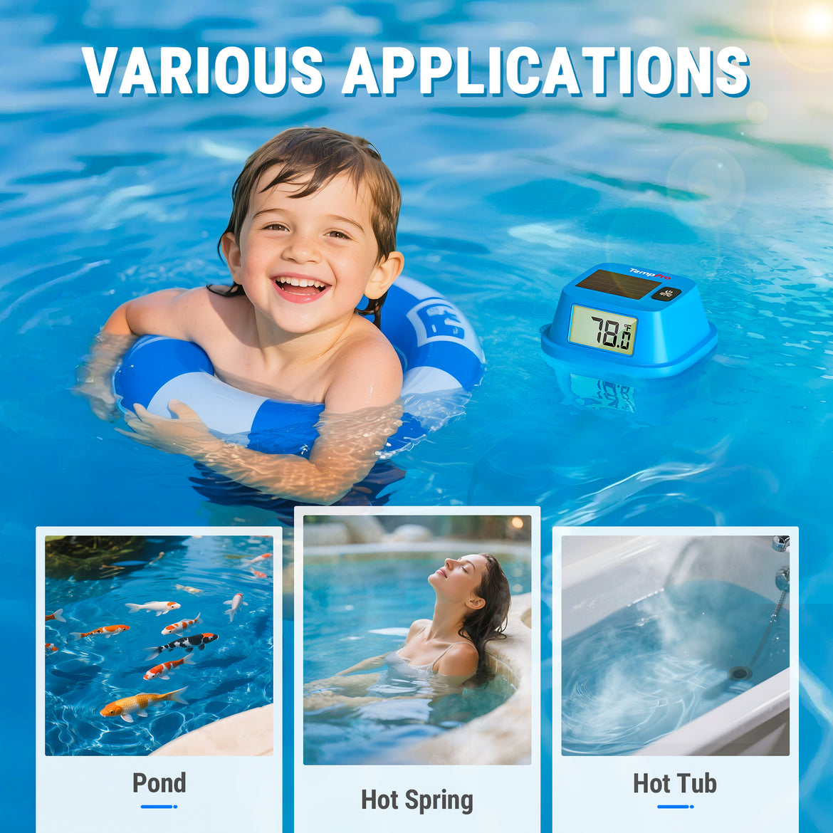 Termómetro flotante solar TempPro TempAir CORE TP111 para piscinas - IPX8 impermeable, LCD dual