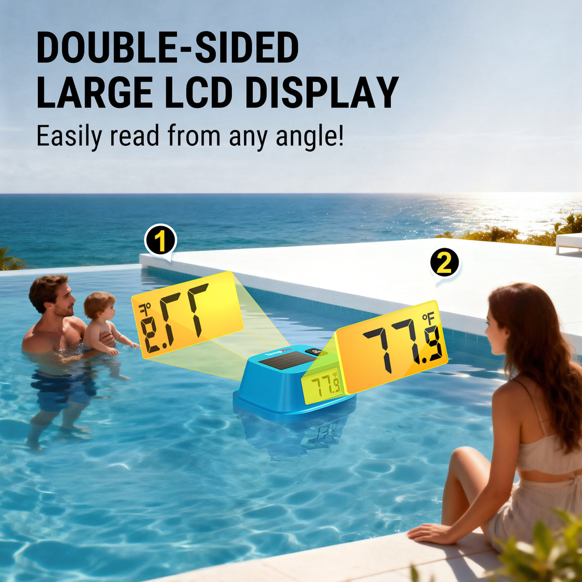 TempPro TempAir CORE TP111 Solar Floating Pool Thermometer - IPX8 Waterproof, Dual LCD