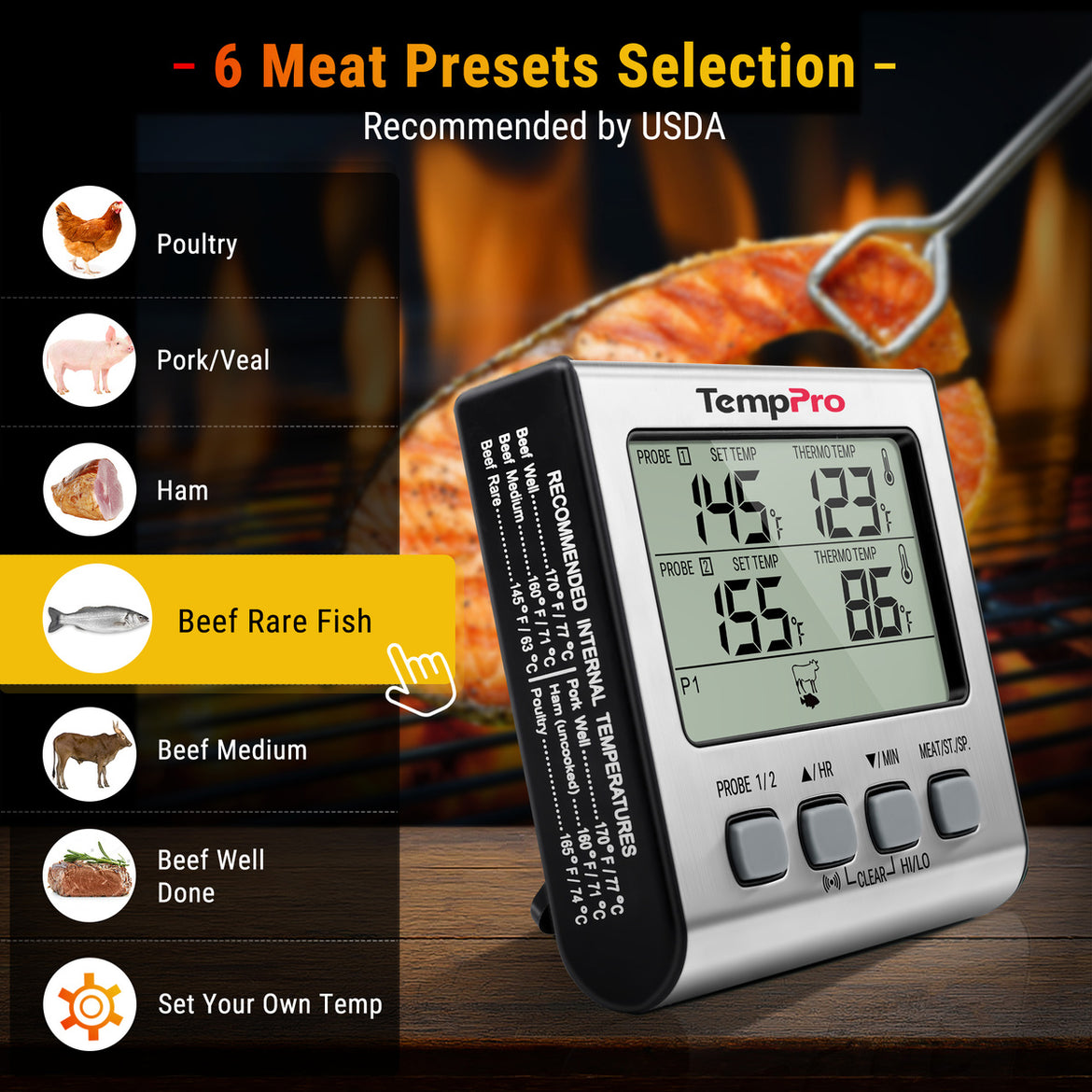 Thermomètre à viande TempPro TempTrack PLUS TP17 – Utilisation au four et sur le grill, avec minuterie et alarme