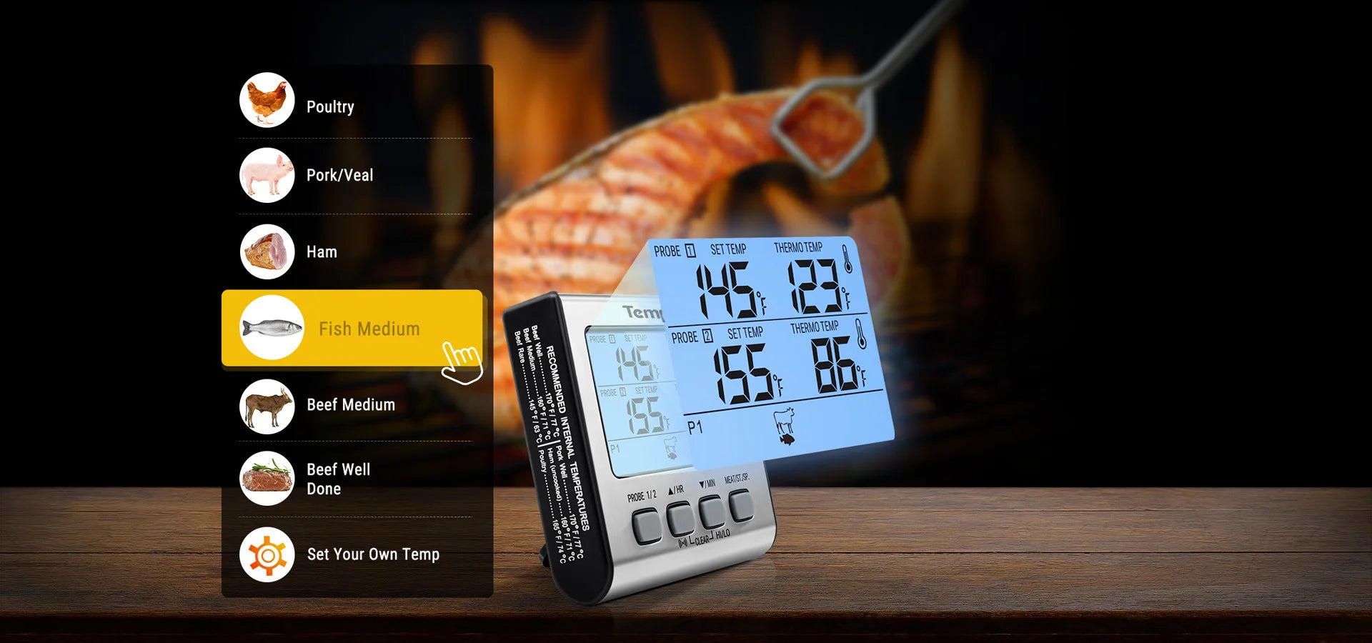 Thermomètre à viande numérique TP17W avec deux sondes et mode minuterie Thermomètre pour fumoir et gril avec grand écran LCD