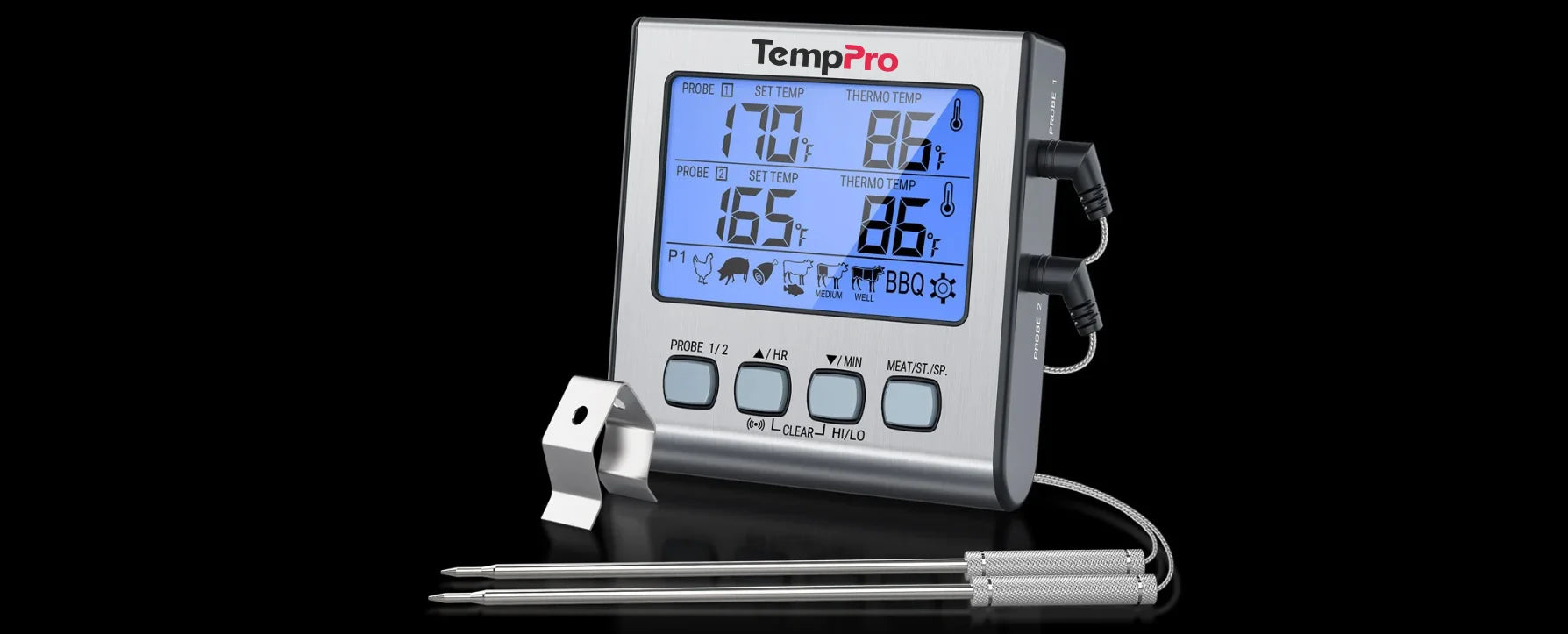 Thermomètre à viande numérique TP17W avec deux sondes et mode minuterie Thermomètre pour fumoir et gril avec grand écran LCD