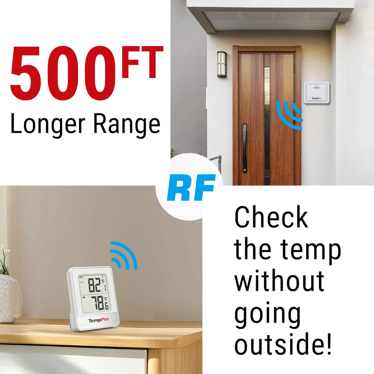 TempPro TempAir PLUS TP200B Wireless Indoor Outdoor Thermometer - Up to 4 Locations, 500ft