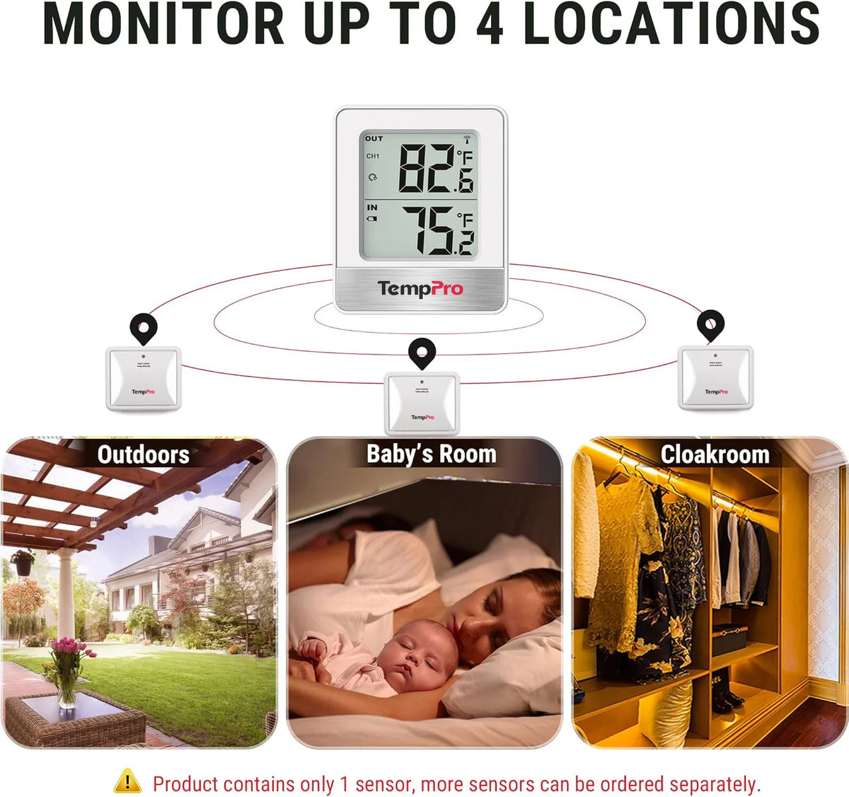 TempPro TempAir PLUS TP200B Wireless Indoor Outdoor Thermometer - Up to 4 Locations, 500ft