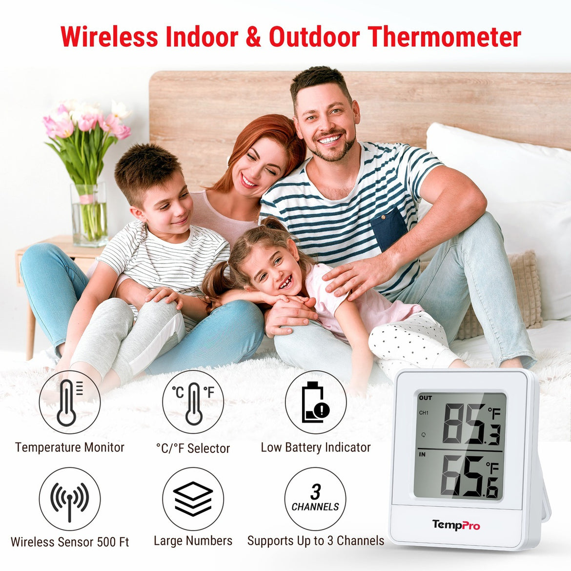 TempPro TempAir PLUS TP200B Wireless Indoor Outdoor Thermometer - Up to 4 Locations, 500ft