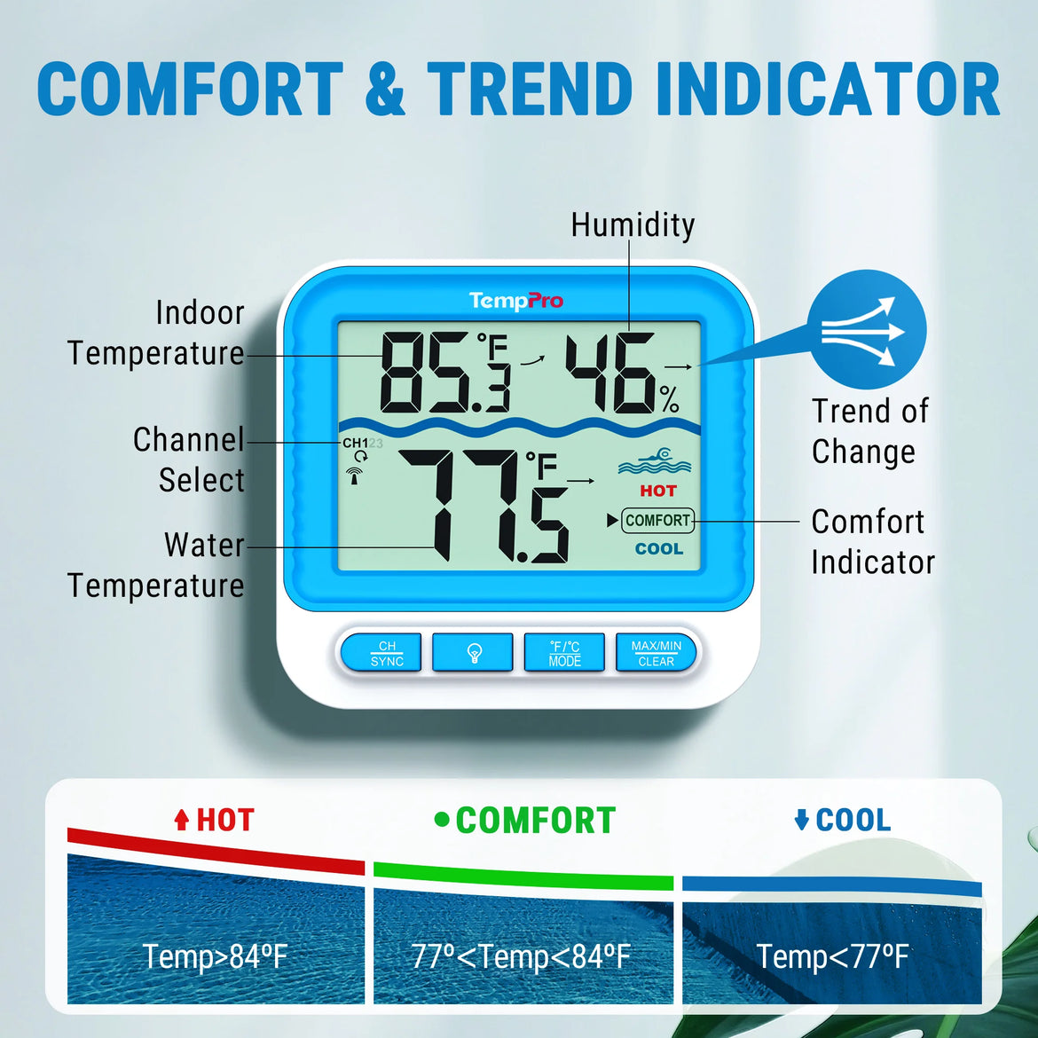 Termómetro inalámbrico de piscina TempPro TempAir PLUS TP211B — Alcance de 150 m, resistente al agua IPX8