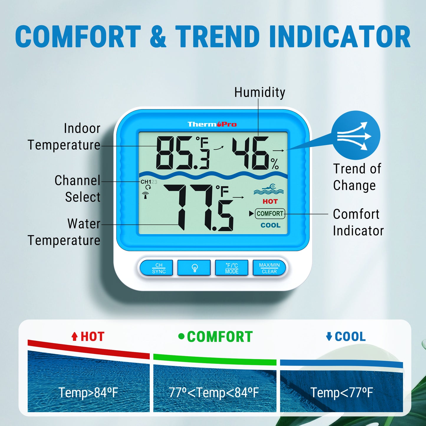 Thermomètre de piscine numérique sans fil ThermoPro TP211B de 152 m