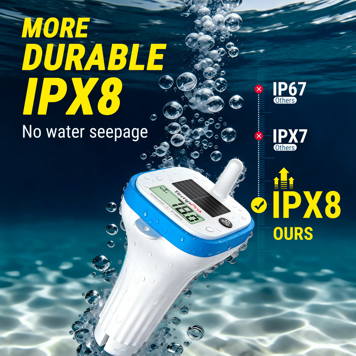 Thermomètre de piscine solaire sans fil TempPro TempAir PLUS TP212B - Portée de 150m, étanche IPX8