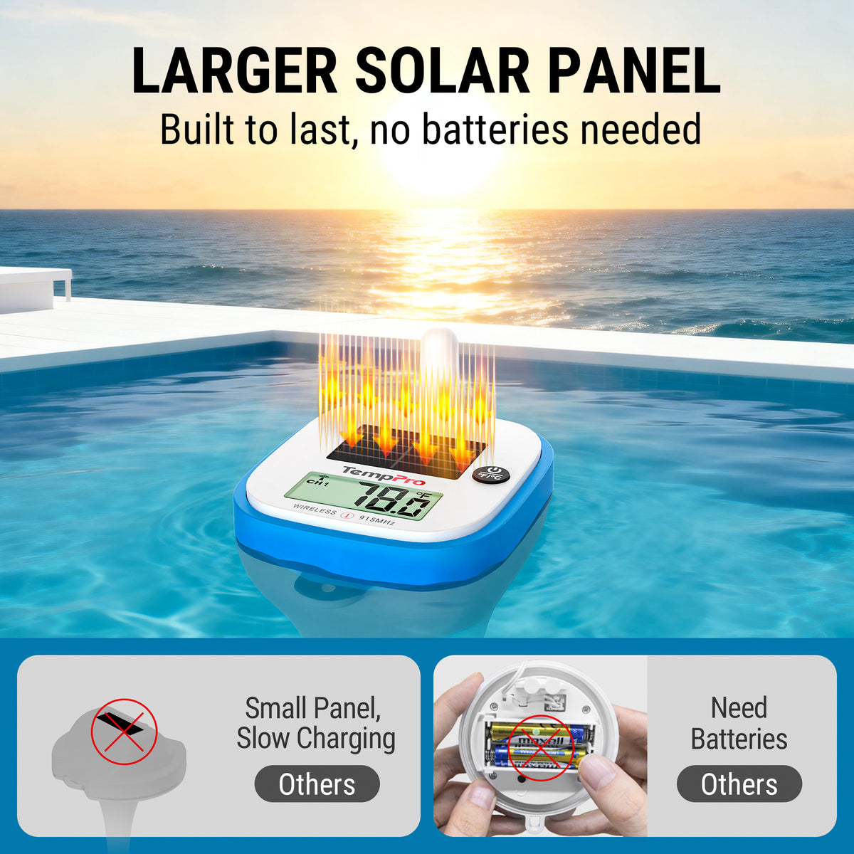 Thermomètre de piscine solaire sans fil TempPro TempAir PLUS TP212B - Portée de 150m, étanche IPX8