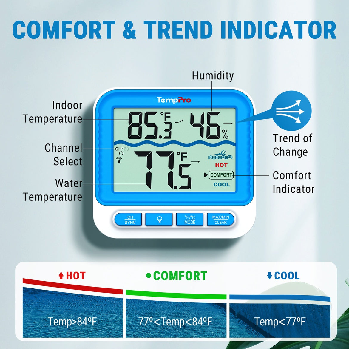 Thermomètre de piscine solaire sans fil TempPro TempAir PLUS TP212B - Portée de 150m, étanche IPX8