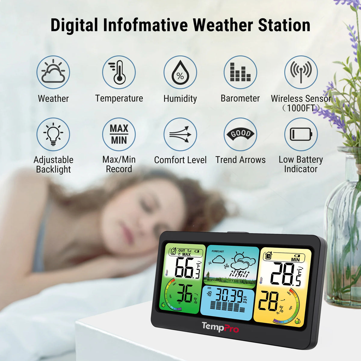 Station météo domestique sans fil TempPro TempAir PLUS TP280B — Portée de 300 m, prévisions et baromètre