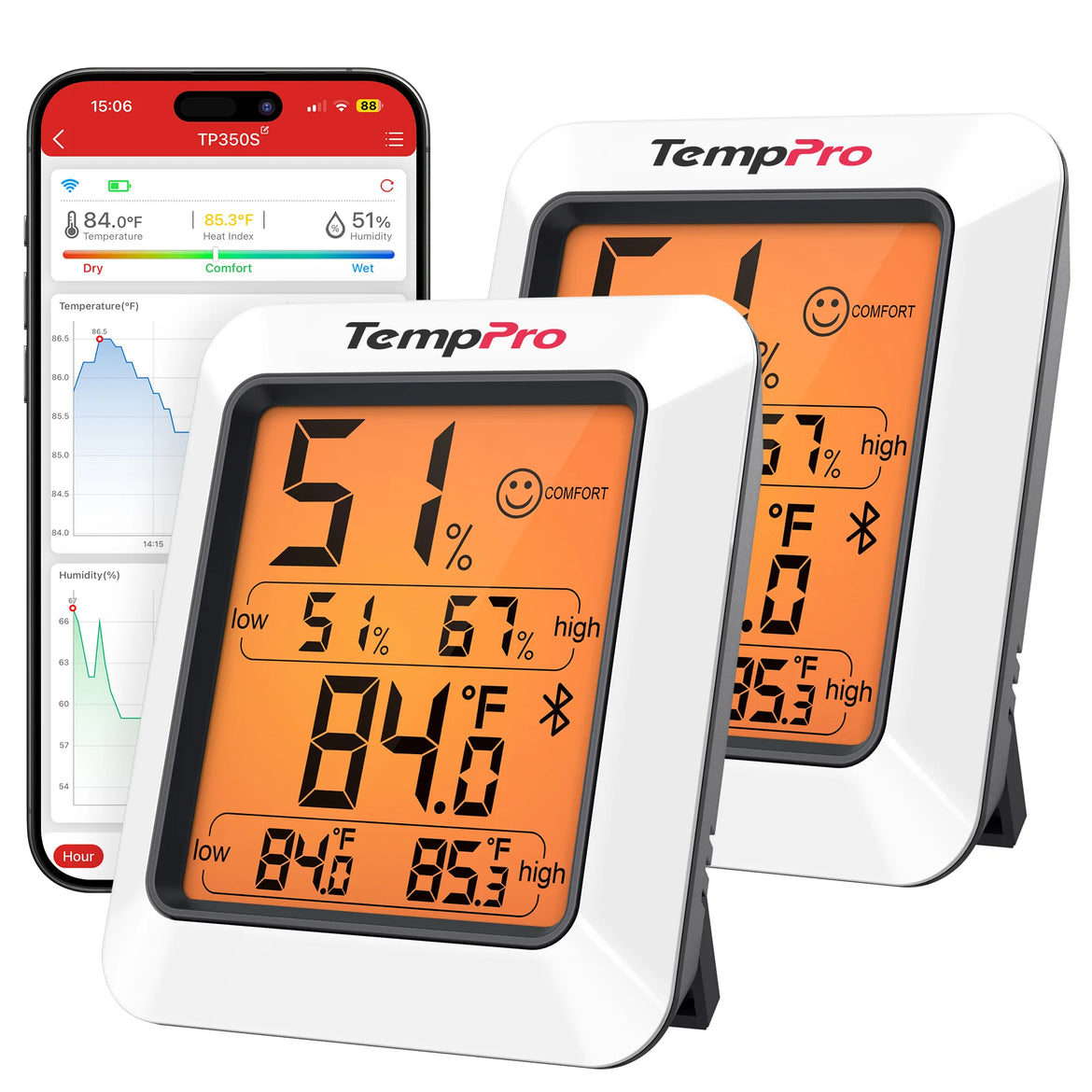 Termohigrómetro Bluetooth TempPro TempAir ELITE TP350 — Alcance de 80 m, Almacenamiento de datos de 2 años