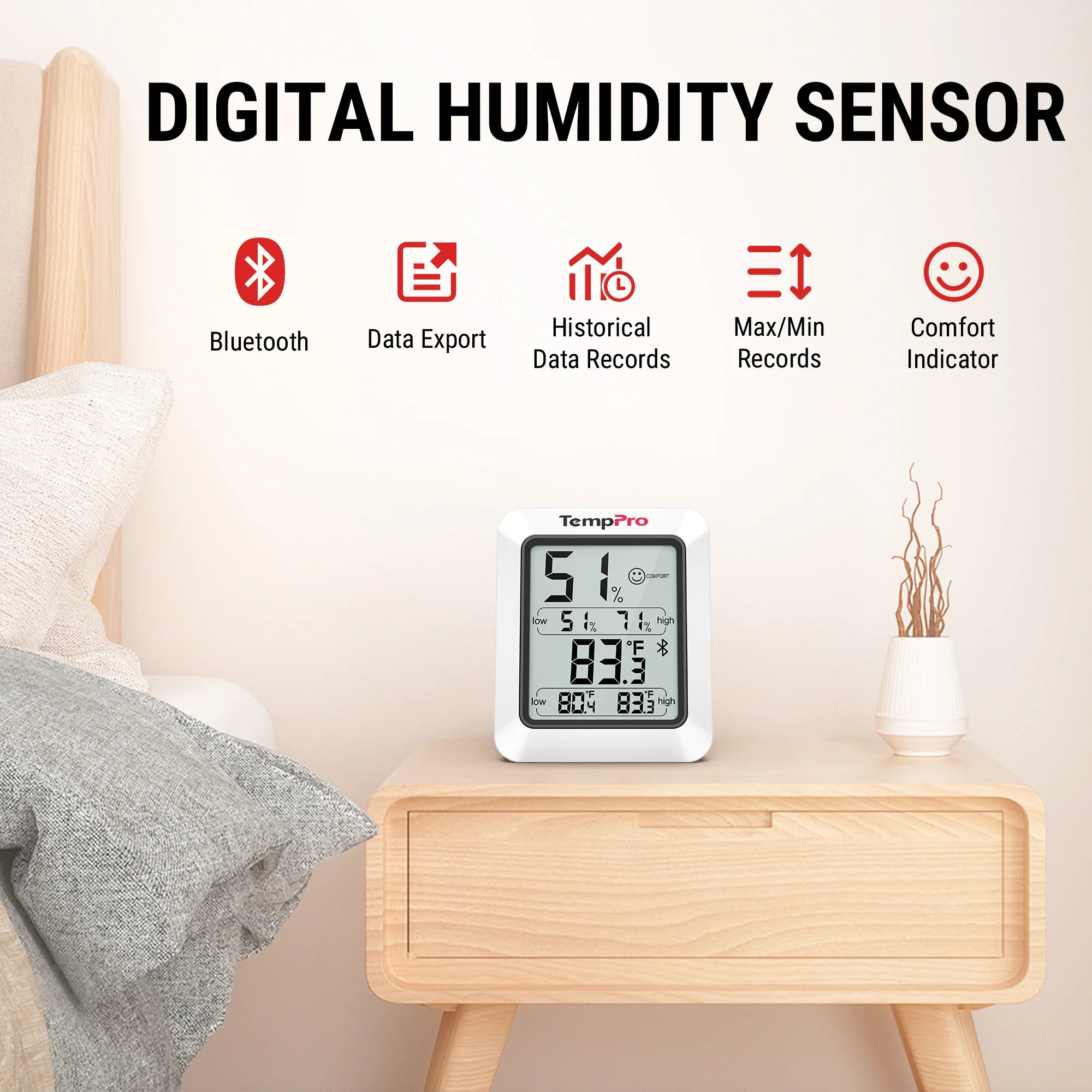 TempPro TP350 Bluetooth Hygrometer & Thermometer — 260ft Range, 2-Year Data Storage