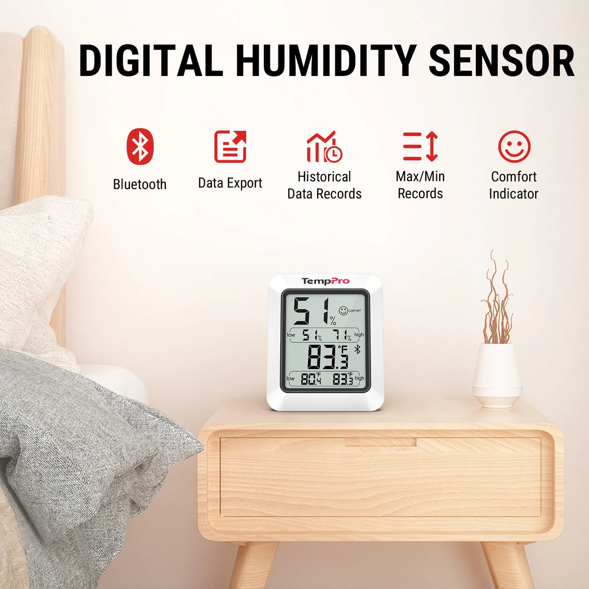 Termohigrómetro Bluetooth TempPro TempAir ELITE TP350 — Alcance de 80 m, Almacenamiento de datos de 2 años