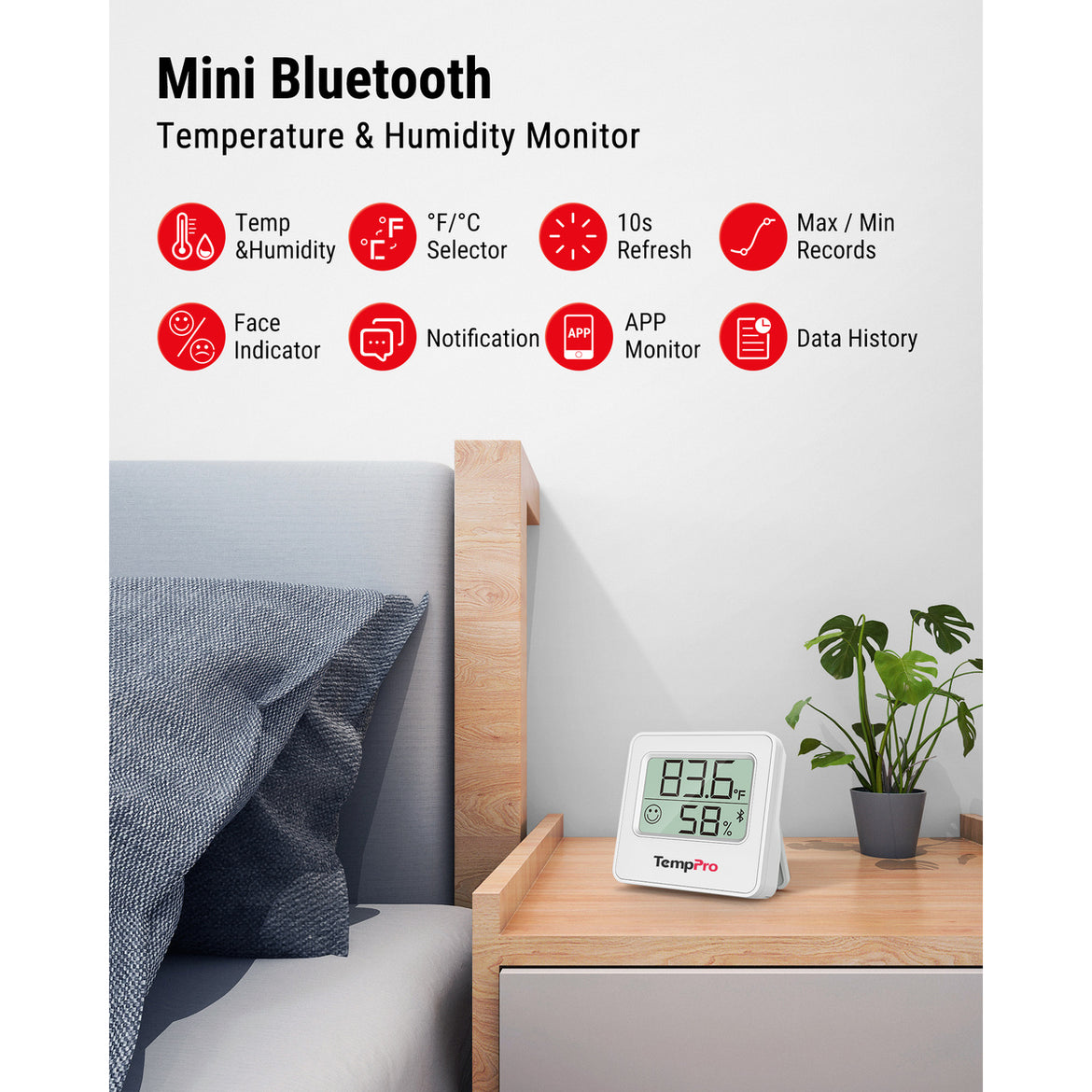 Thermomètre et hygromètre d'intérieur Bluetooth TempPro TempAir ELITE TP357 — Portée de 80 m, alertes instantanées
