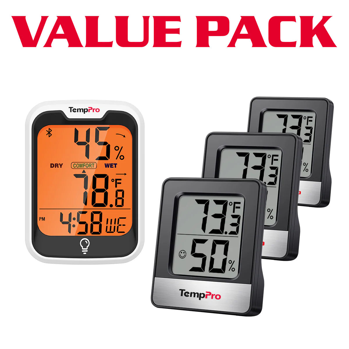 TempPro TP358 Bluetooth Hygrometer + TP49B Mini Hygrometer 3-Pack — Indoor Temperature & Humidity Monitor