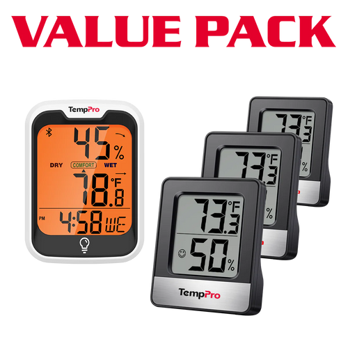 TempPro TP358 Bluetooth Hygrometer + TP49B Mini Hygrometer 3-Pack — Indoor Temperature & Humidity Monitor