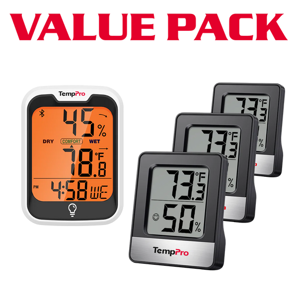 TempPro TP358 Bluetooth Hygrometer + TP49B Mini Hygrometer 3-Pack — Indoor Temperature & Humidity Monitor