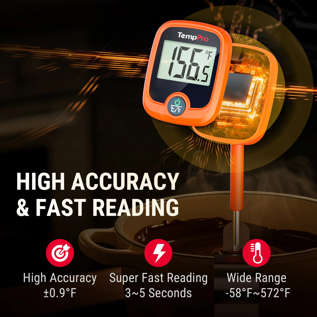 Thermomètre à bonbons numérique TempPro TempDip PLUS TP509 — Sonde de 20 cm avec clip de fixation pour casserole