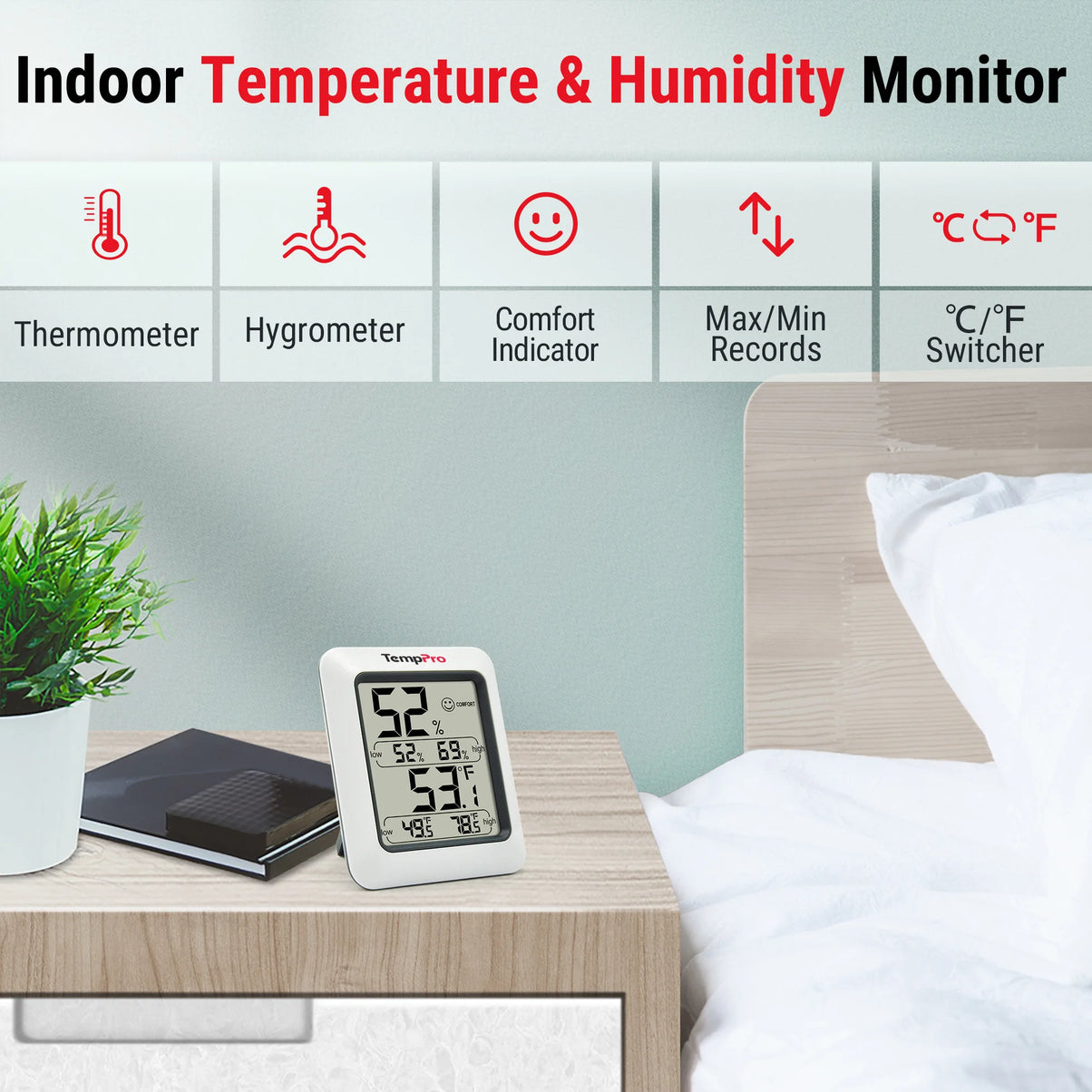 TempPro TempAir CORE TP50 Digital Indoor Thermometer & Hygrometer — Calibratable, Large Backlit