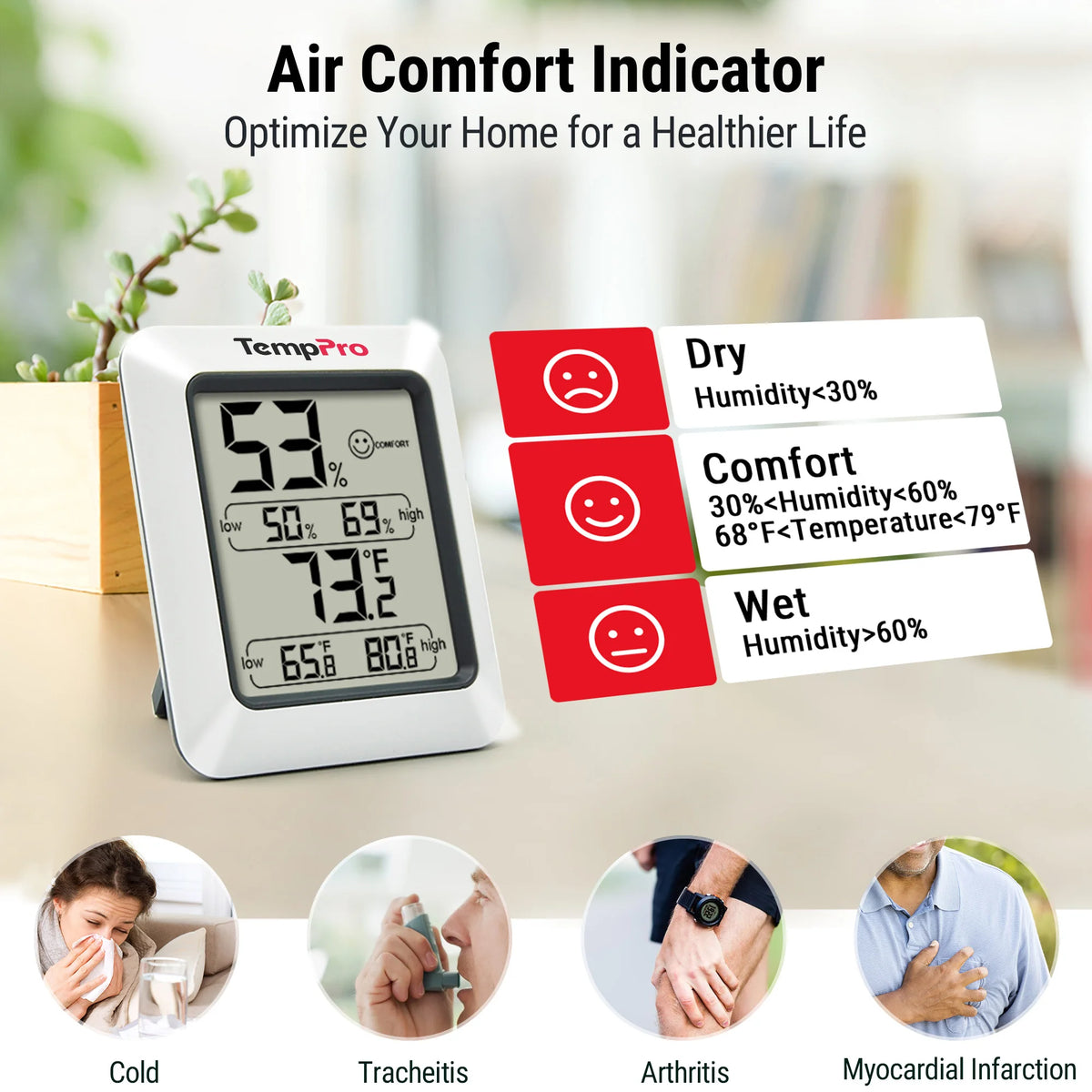 TempPro TempAir CORE TP50 Digital Indoor Thermometer & Hygrometer — Calibratable, Large Backlit
